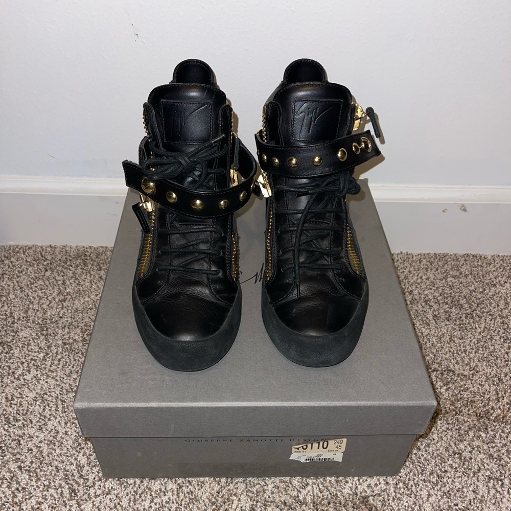 Giuseppe Zanotti Black Leather High-Top Sneakers with Gold Stud Strap